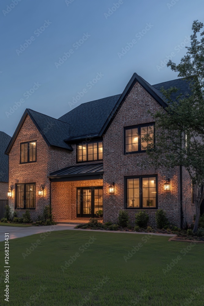 Beautiful modern brick home elegantly illuminated at dusk with large windows and landscaped yard in a suburban neighborhood Beautiful modern brick home elegantly illuminated at dusk with large windows and landscaped yard in a suburban neighborhood