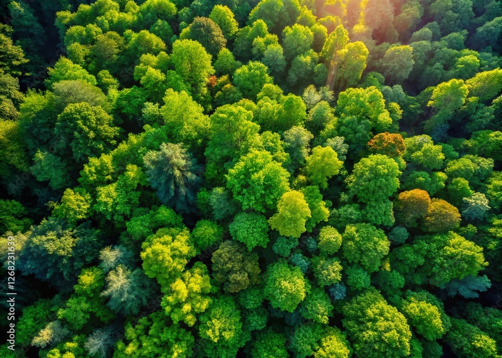 Naklejka premium Majestic Aerial View of Lush Green Forest Canopy, Dense Trees, Sunlit Woods