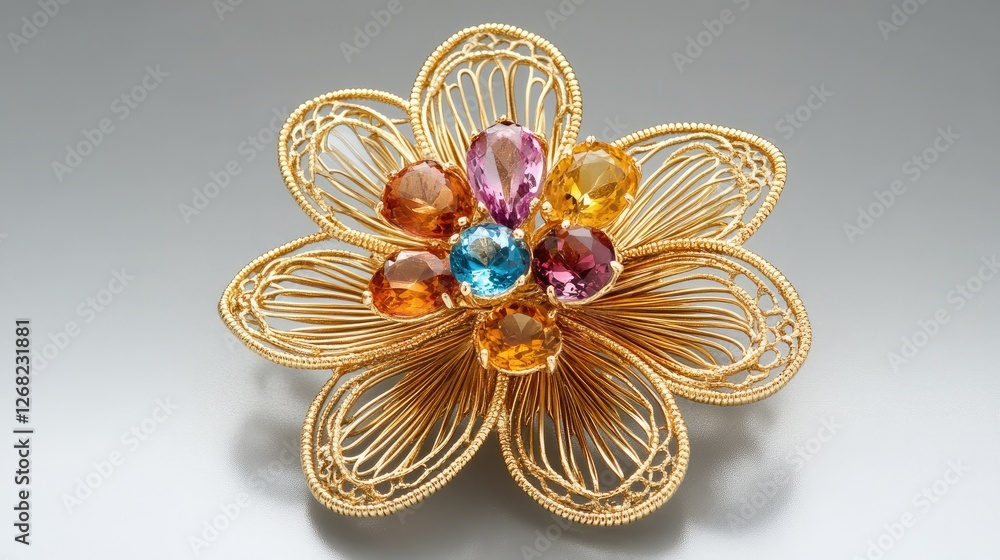 Naklejka premium A gold brooch with a floral design and multicolored gemstones arranged in petals