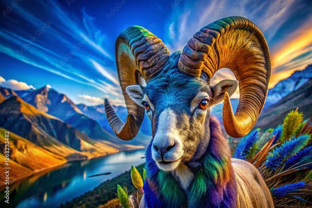 Majestic Blue Ram with Peacock Feathers - Drone Aerial View Majestic Blue Ram with Peacock Feathers - Drone Aerial View
