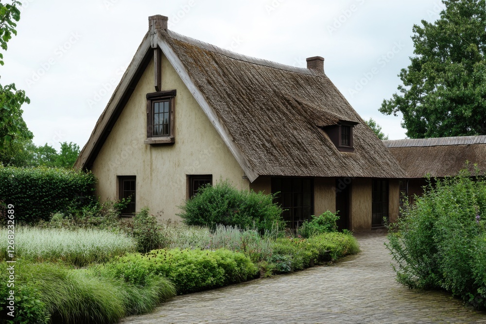Nestled among vibrant, lush greenery, a delightful thatched-roof house stands gracefully, with a meandering path leading up to it, all embraced by a soft, overcast sky Nestled among vibrant, lush greenery, a delightful thatched-roof house stands gracefully, with a meandering path leading up to it, all embraced by a soft, overcast sky