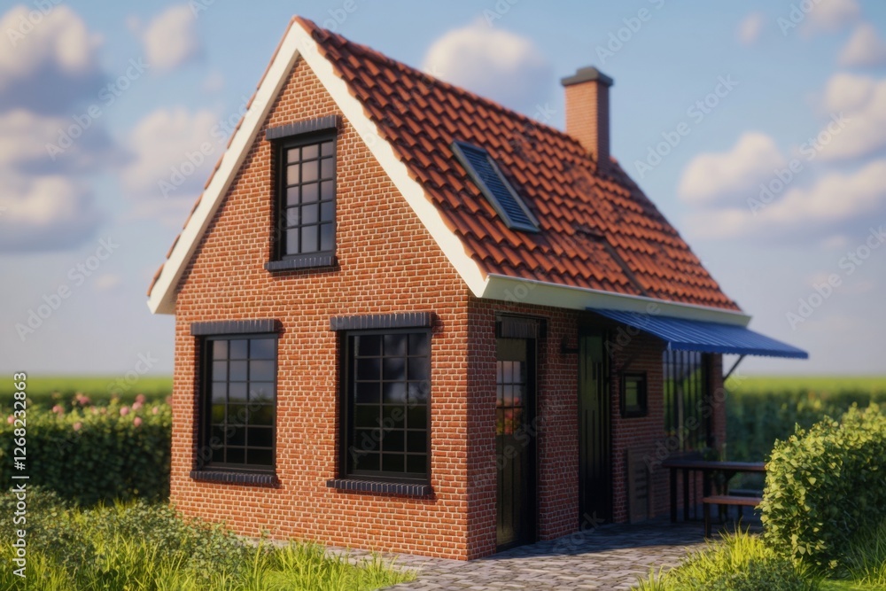 Charming brick house with a red-tiled roof surrounded by lush greenery on a sunny afternoon in a peaceful countryside setting Charming brick house with a red-tiled roof surrounded by lush greenery on a sunny afternoon in a peaceful countryside setting