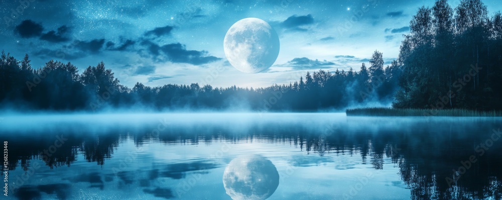Full moon over misty lake, starry night, forest reflection, serene nature scene Full moon over misty lake, starry night, forest reflection, serene nature scene