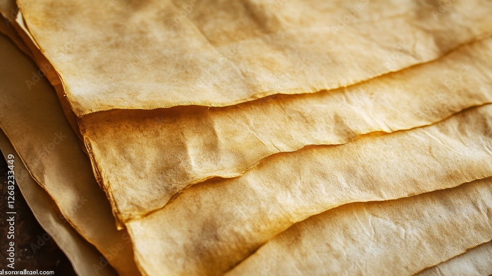 Close-up of delicate, translucent parchment sheets with a warm, golden hue, showcasing their texture and layers. Close-up of delicate, translucent parchment sheets with a warm, golden hue, showcasing their texture and layers.