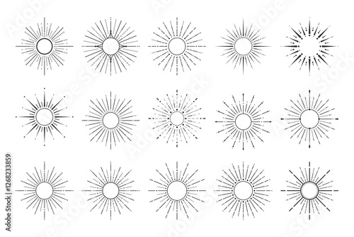 Hand drawn sunburst designs with geometric and vintage aesthetics