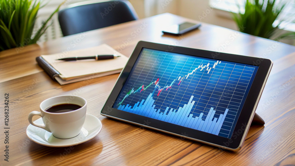 Business Success Tablet Displaying Positive Stock Market Trends Business Success Tablet Displaying Positive Stock Market Trends