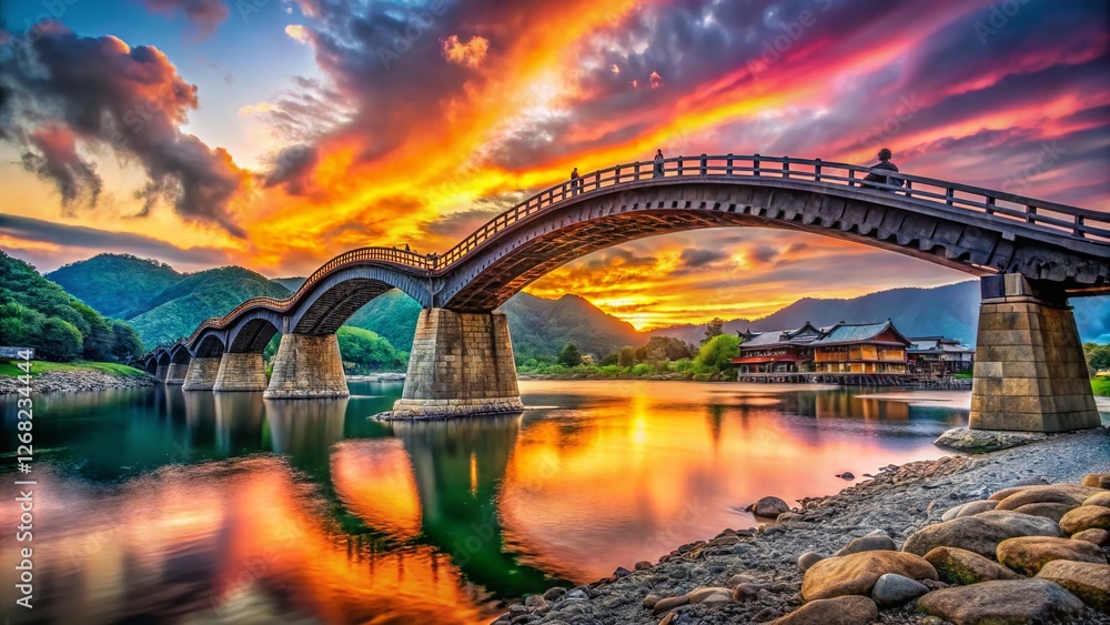 Fototapeta premium Majestic Iwakuni Kintai Bridge at Sunset, Ample Copy Space