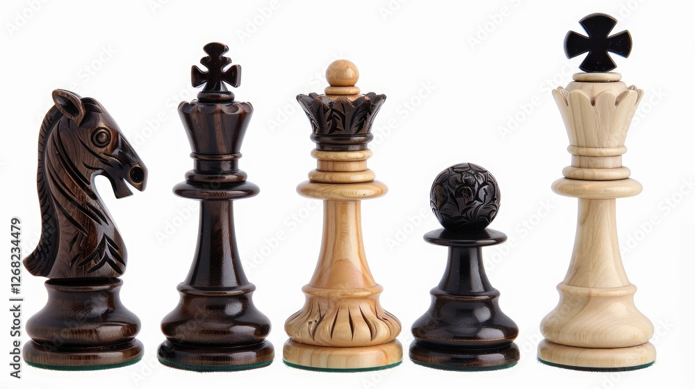 A close-up view of intricately designed chess pieces showcasing a knight, king, queen, pawn, and rook on a plain background A close-up view of intricately designed chess pieces showcasing a knight, king, queen, pawn, and rook on a plain background