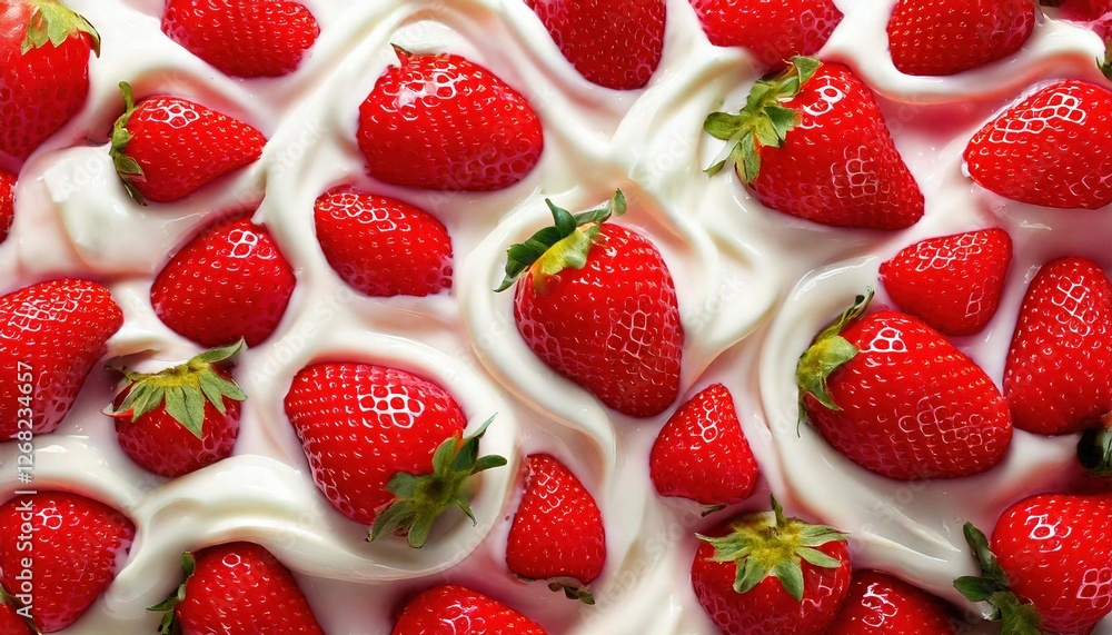 Fresh strawberries displayed on creamy whipped topping create an appealing dessert presentation Fresh strawberries displayed on creamy whipped topping create an appealing dessert presentation