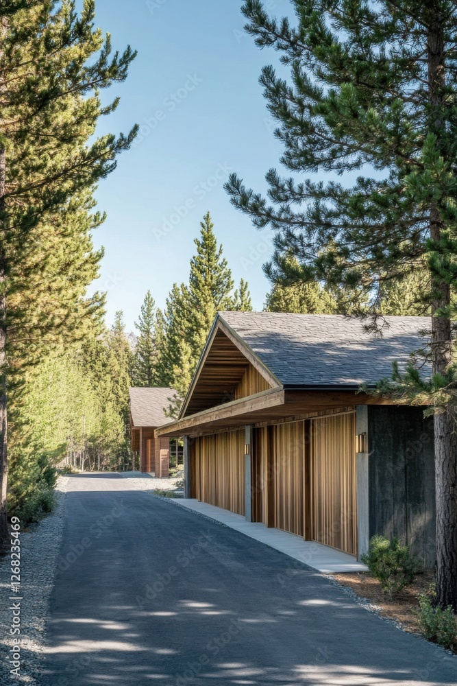 A peaceful driveway guides visitors to sleek, contemporary cabins nestled among towering trees, all set in a calm forest retreat under the bright daylight A peaceful driveway guides visitors to sleek, contemporary cabins nestled among towering trees, all set in a calm forest retreat under the bright daylight