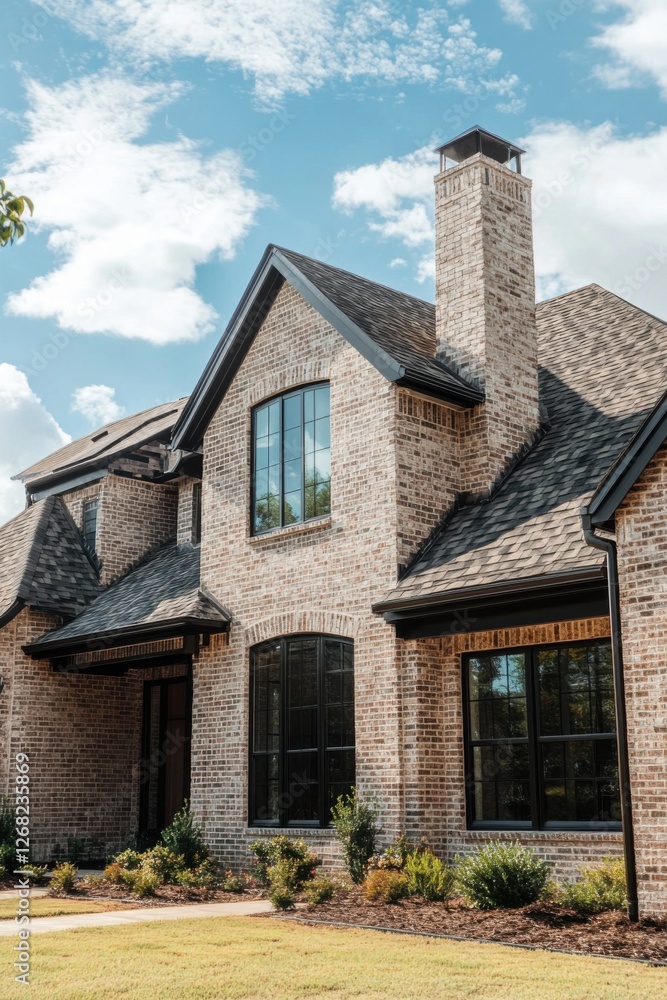 Newly constructed brick house with elegant architecture and manicured landscaping on a sunny day in a suburban neighborhood Newly constructed brick house with elegant architecture and manicured landscaping on a sunny day in a suburban neighborhood