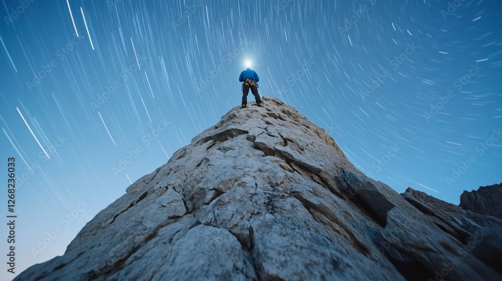 Climber on peak, star trails, night sky, achievement Climber on peak, star trails, night sky, achievement