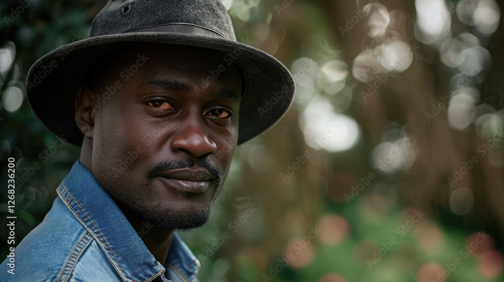 Portrait of a man wearing a hat in a lush outdoor setting with blurred greenery in the background Portrait of a man wearing a hat in a lush outdoor setting with blurred greenery in the background
