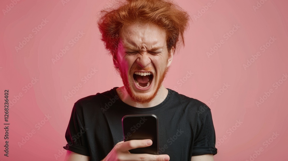 Young man with red hair and beard screaming in frustration while holding a smartphone against a pink background Young man with red hair and beard screaming in frustration while holding a smartphone against a pink background