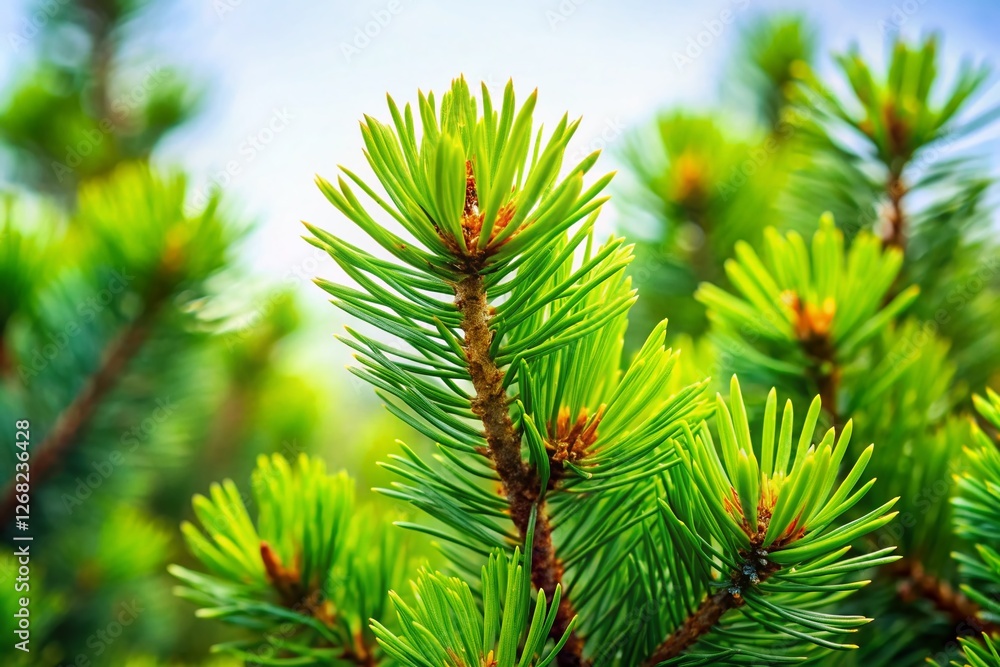 Majestic Pine Tree Branches, Lush Green Foliage, White Sky, Tilt-Shift Photography Majestic Pine Tree Branches, Lush Green Foliage, White Sky, Tilt-Shift Photography