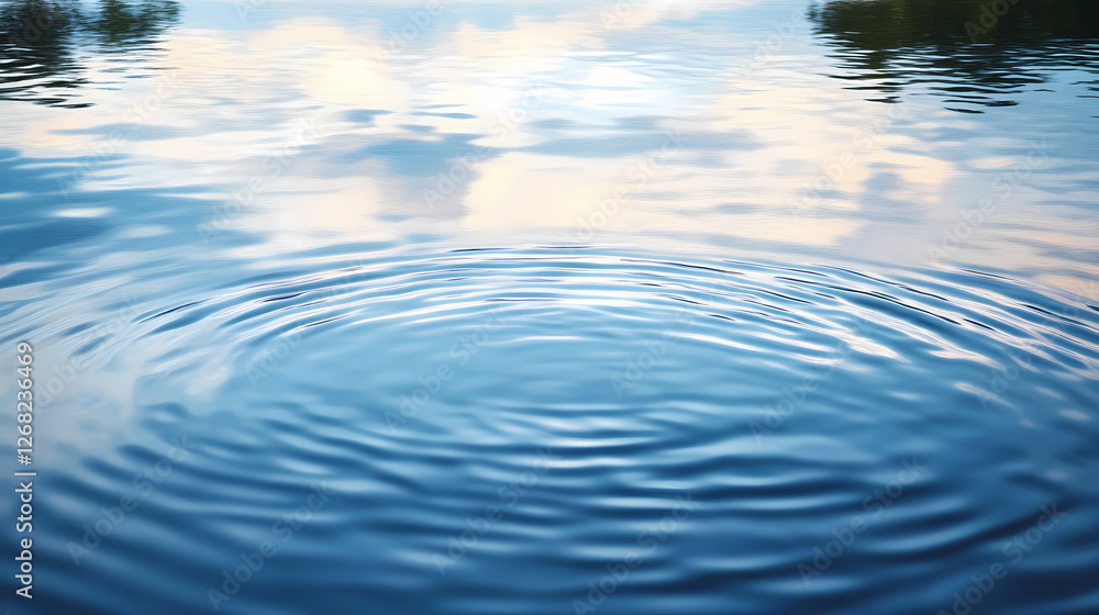 Serene close-up of gentle water ripples on a calm lake surface, reflecting soft blue sky and surrounding lush greenery, evoking peacefulness and tranquility. Molten Sky Lakes. Illustration Serene close-up of gentle water ripples on a calm lake surface, reflecting soft blue sky and surrounding lush greenery, evoking peacefulness and tranquility. Molten Sky Lakes. Illustration