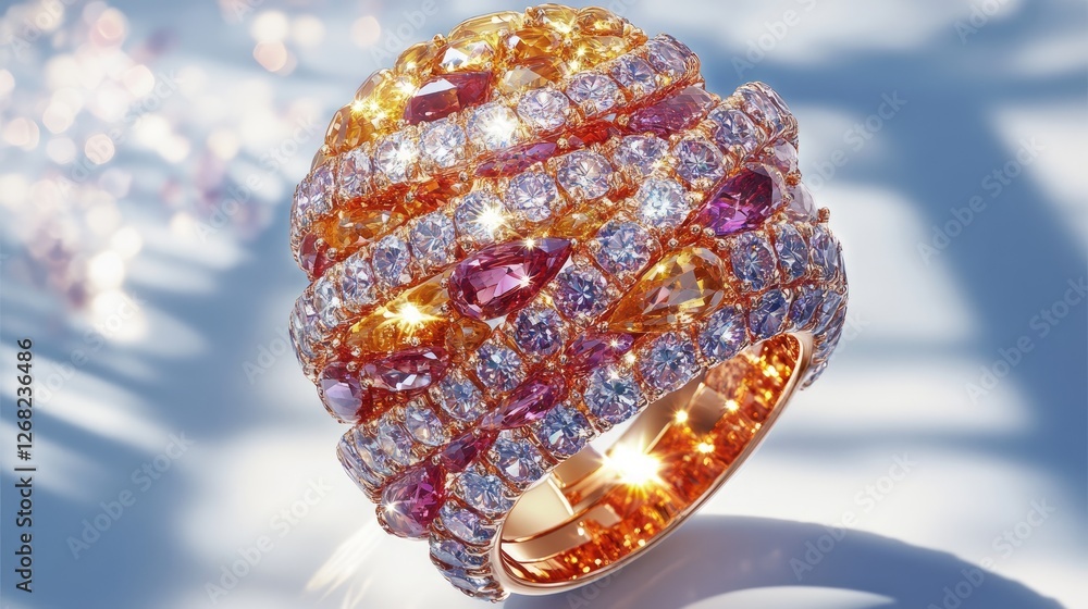 Fototapeta premium A multi-layered gold ring with intricate gemstone patterns sparkling under bright light