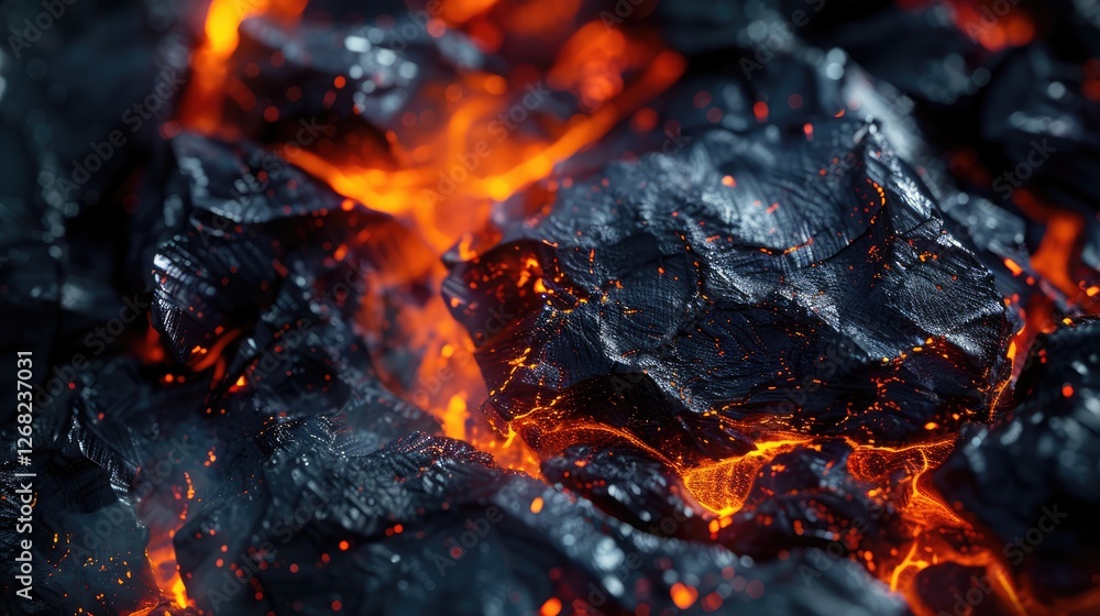 Close-up view of glowing molten lava flowing over dark volcanic rocks, showcasing intense heat and dynamic movement Close-up view of glowing molten lava flowing over dark volcanic rocks, showcasing intense heat and dynamic movement