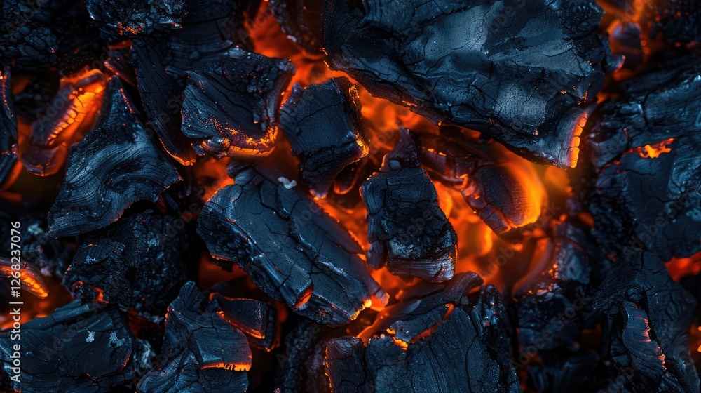 Close-up view of glowing charcoal embers, showcasing fiery orange hues against dark ash, ideal for culinary themes Close-up view of glowing charcoal embers, showcasing fiery orange hues against dark ash, ideal for culinary themes
