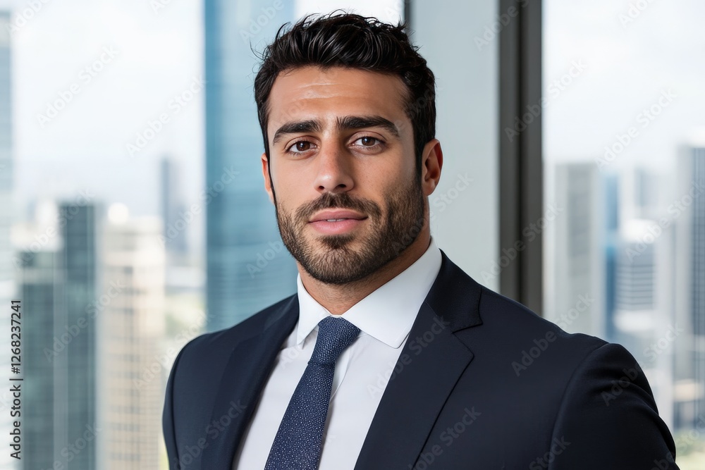 Confident businessman with beard in dark suit standing against glass skyscrapers in corporate cityscape looking assertive professional portrait for business success and leadership representation Confident businessman with beard in dark suit standing against glass skyscrapers in corporate cityscape looking assertive professional portrait for business success and leadership representation