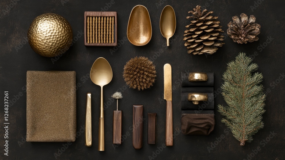 A premium gold cleaning set arranged neatly on a dark, luxurious background A premium gold cleaning set arranged neatly on a dark, luxurious background