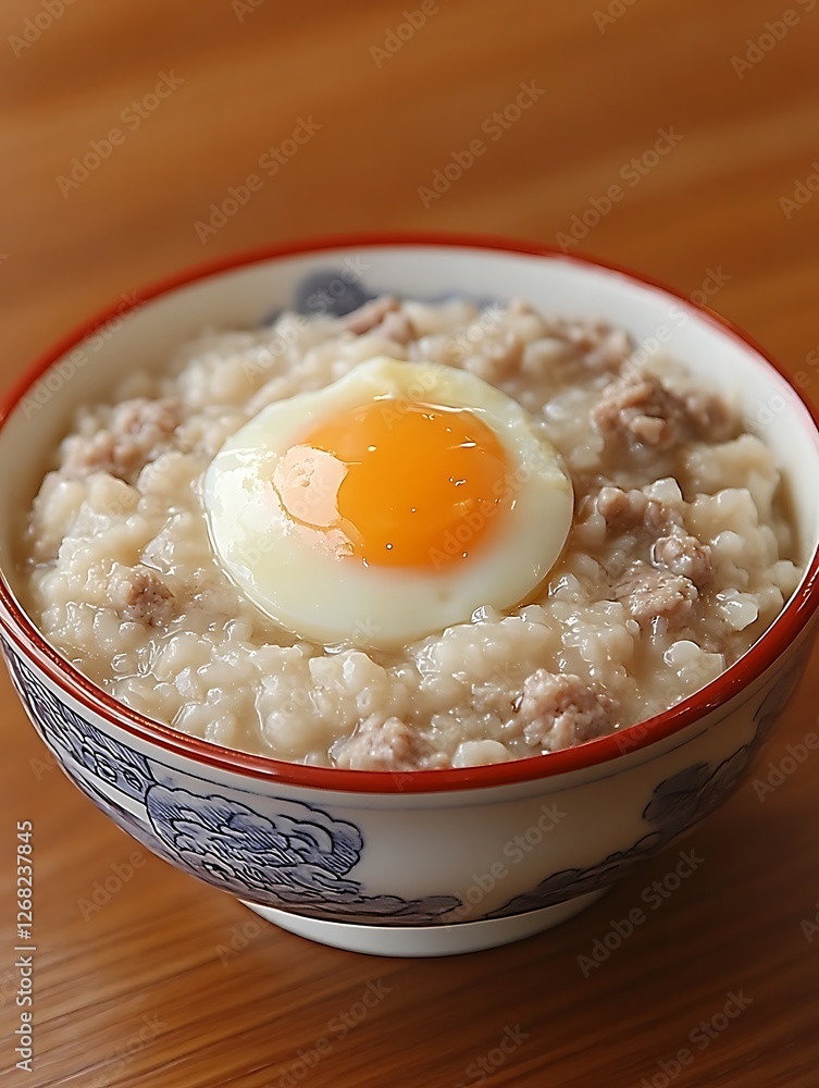 Congee with Pork and Egg: A steaming bowl of congee topped with savory pork and a perfectly poached egg, a comforting and delicious Asian breakfast staple. Congee with Pork and Egg: A steaming bowl of congee topped with savory pork and a perfectly poached egg, a comforting and delicious Asian breakfast staple.