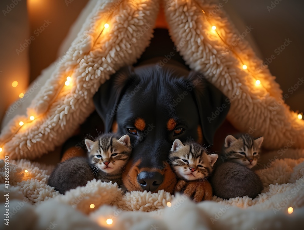 Obraz premium A gentle Rottweiler lovingly babysits a group of playful kittens inside a cozy blanket fort, surrounded by soft pillows and warm fairy lights, creating an adorable and heartwarming atmosphere