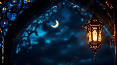 The crescent moon and lantern’s light create a peaceful Ramadan mood.