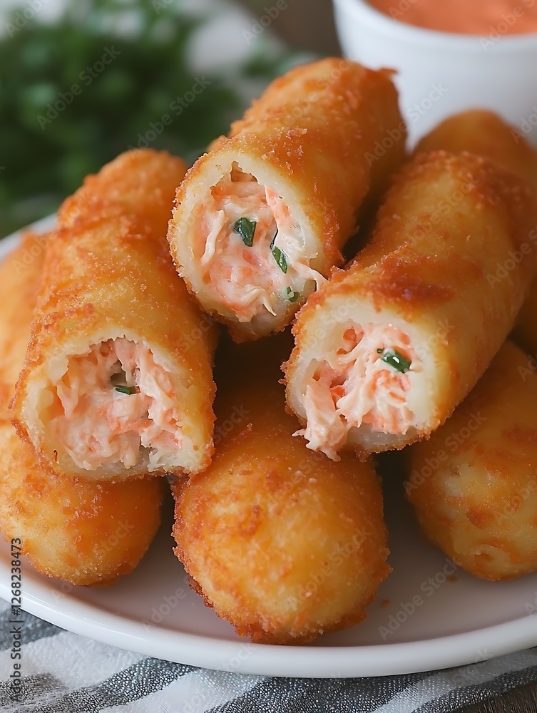 Crispy Salmon Croquettes: A delightful close-up shot showcasing golden-brown, crispy salmon croquettes, filled with a creamy salmon mixture.  The croquettes are artfully arranged on a plate.