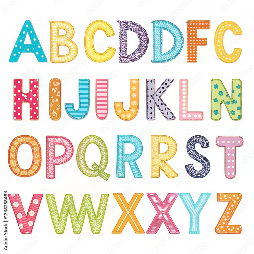 Colorful alphabet letters, textured patterns, white background, educational resource Colorful alphabet letters, textured patterns, white background, educational resource