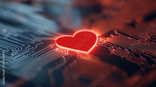 Red glowing heart symbol on computer motherboard representing digital love artificial intelligence emotional connection and human machine relationship in futuristic technology