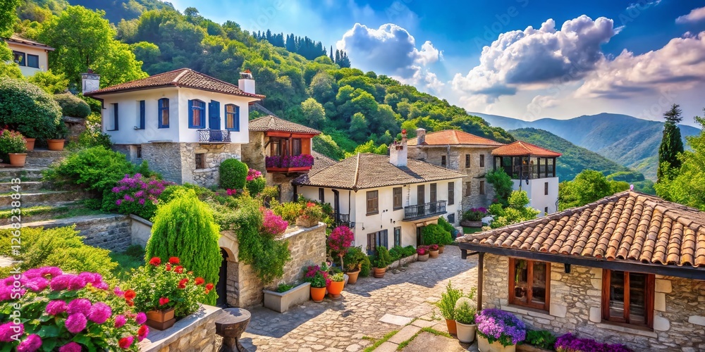Fototapeta premium Makrynitsa Village, Pelion, Greece: Picturesque Scenic View of Traditional Houses and Mountains