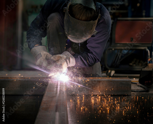 A welder crouched and causing fire and sparks while working on a steel beam. The image is eye level looking straight on at the welder photo