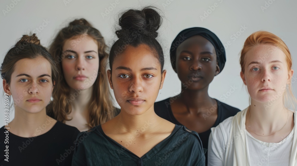 Five diverse women standing together, showcasing unity and strength, with a neutral backdrop emphasizing their expressions Five diverse women standing together, showcasing unity and strength, with a neutral backdrop emphasizing their expressions