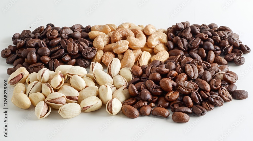 A vibrant arrangement of various coffee beans and nuts displayed artistically on a white background A vibrant arrangement of various coffee beans and nuts displayed artistically on a white background