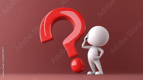 A 3D character with a questioning pose stands beside a large red question mark, symbolizing curiosity and inquiry in a thoughtful environment.