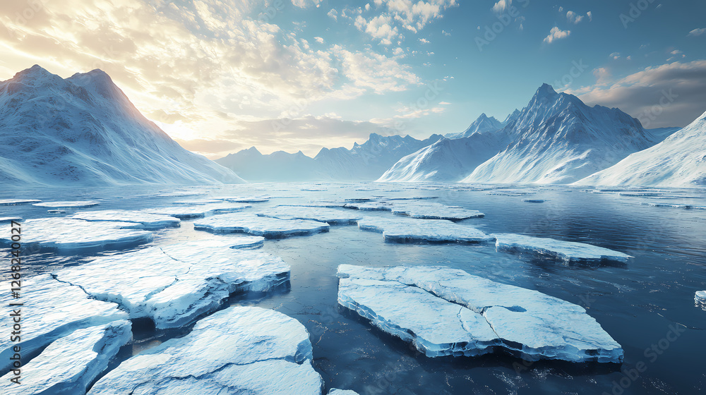 Cracked ice floe pieces with big mountains behind background, global warming and environmental conditions 3d illustration render. Molten Sky Lakes. Illustration