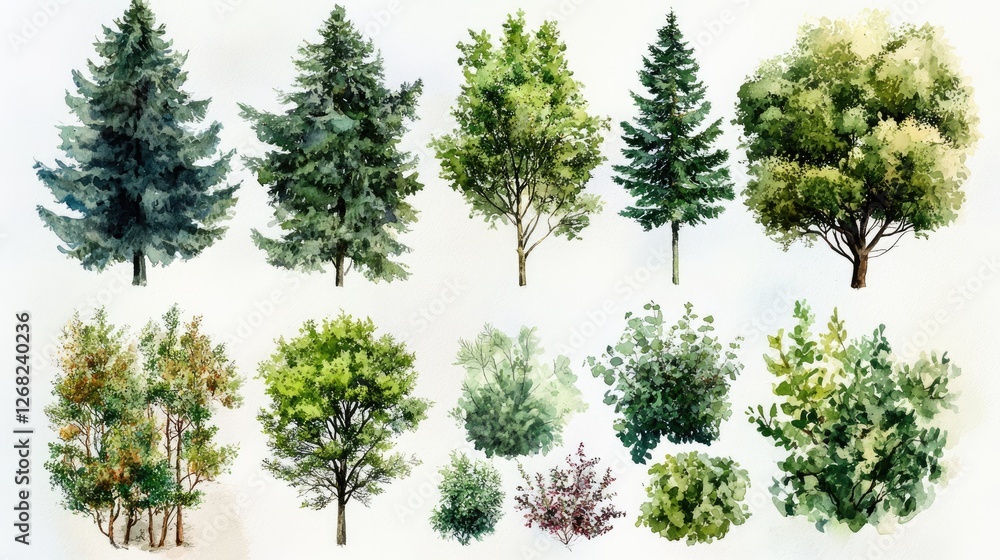 custom made wallpaper toronto digitalA collection of various trees and shrubs illustrated in watercolor, showcasing diverse foliage styles