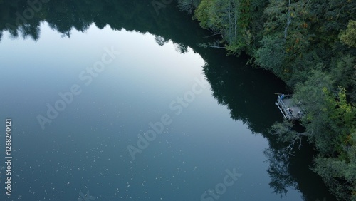 Drone aerial view of natural park, seaside, lake photo