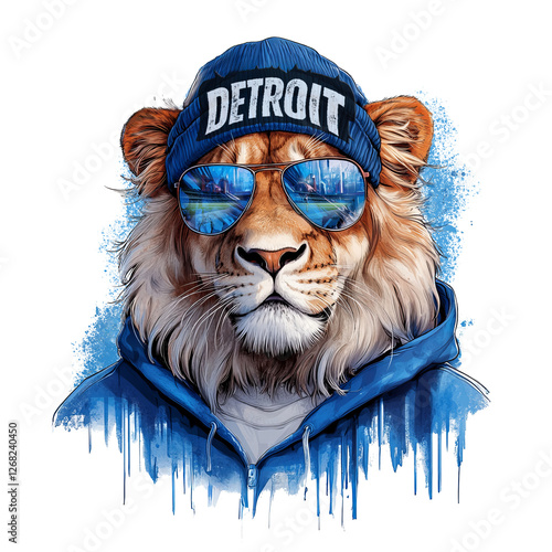 Detroit Lion Watercolor Graffiti Style, Cool Urban Lion Streetwear Design