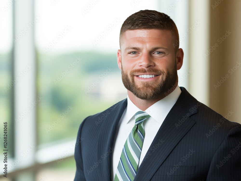 Confident bearded businessman in suit and tie smiling outdoors in corporate environment symbolizing leadership success and professional growth Confident bearded businessman in suit and tie smiling outdoors in corporate environment symbolizing leadership success and professional growth
