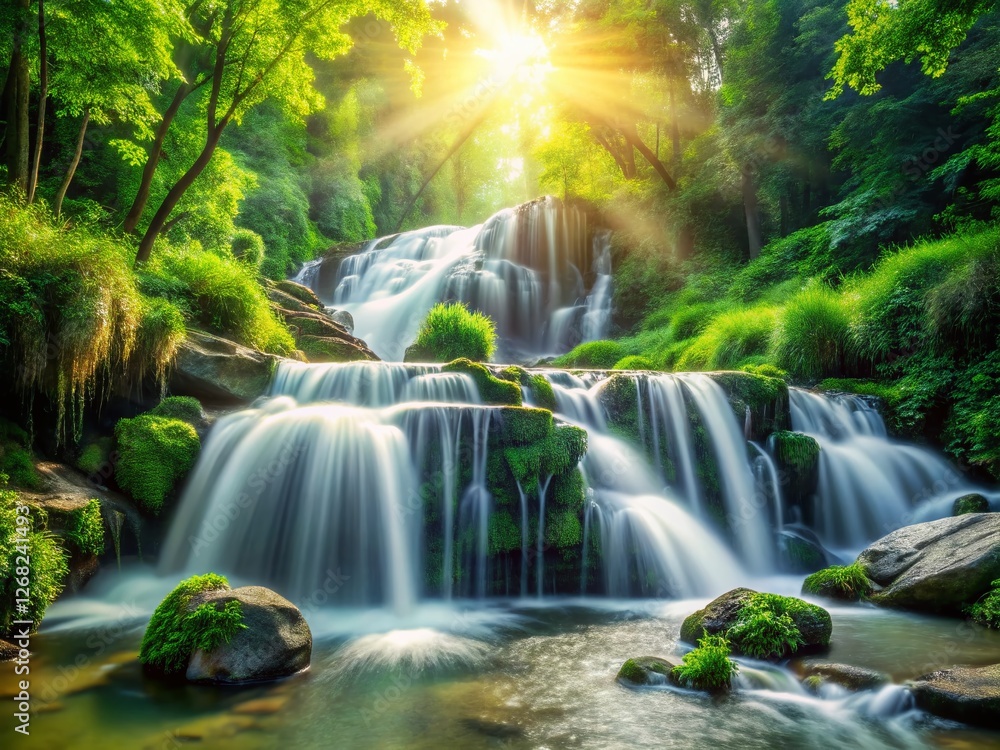 Fototapeta premium Milky Waterfall Cascade, Bokeh Background, Nature Photography