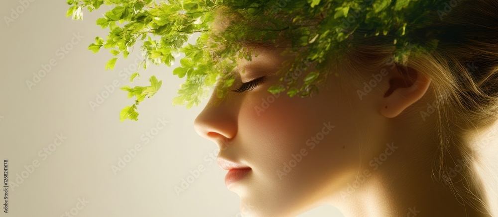 Serene woman with green leaves. Serene woman with green leaves.