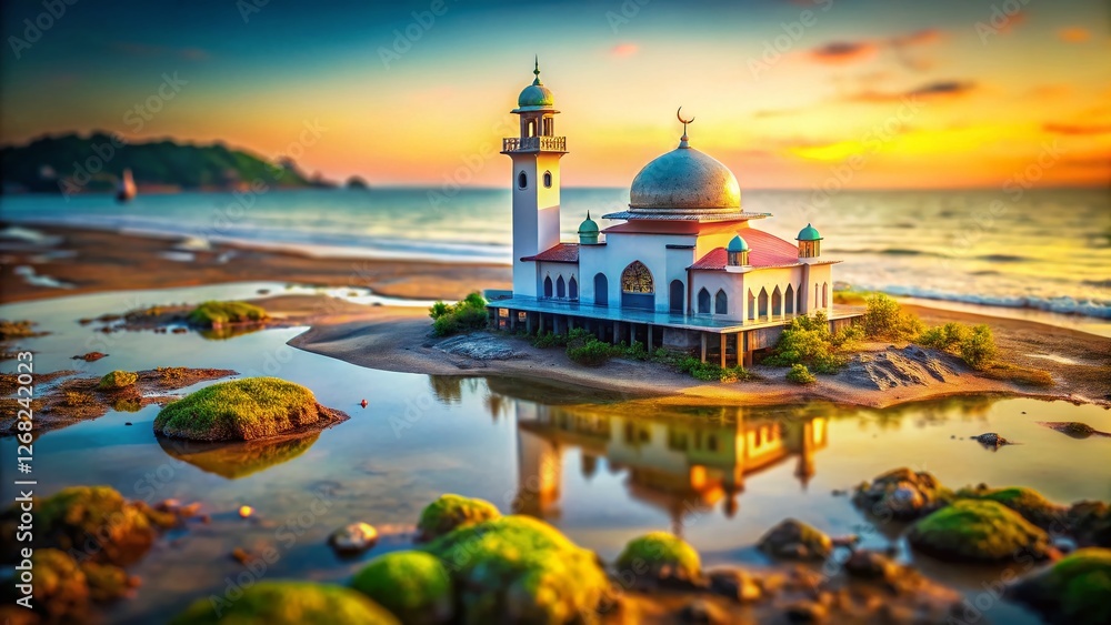 Fototapeta premium Miniature Coastal Mosque on Island at Low Tide - Tilt-Shift Photography