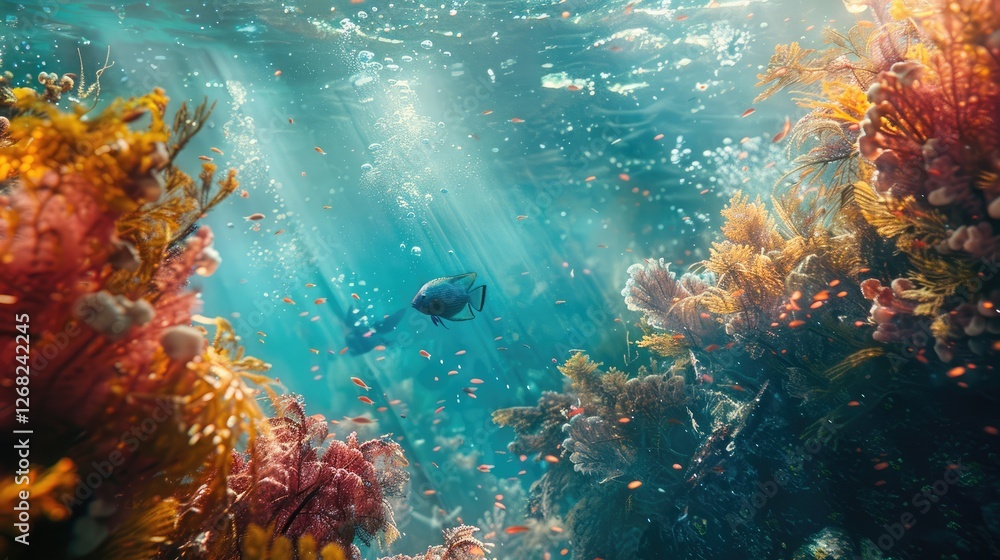 Underwater scene showcasing vibrant coral reefs and a swimming fish illuminated by sun rays, creating a serene environment Underwater scene showcasing vibrant coral reefs and a swimming fish illuminated by sun rays, creating a serene environment
