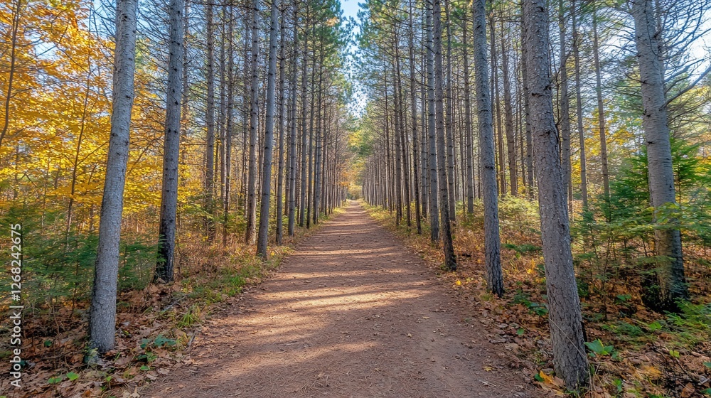 Fototapeta premium Sunlit autumn path through tall pine trees.