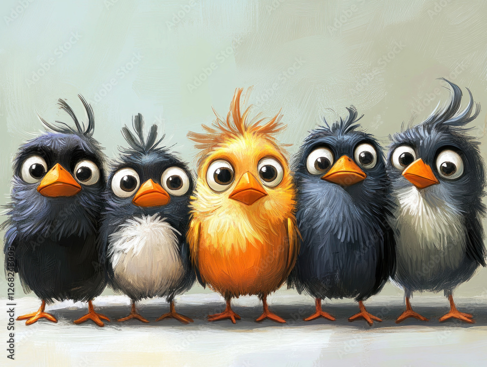 Fototapeta premium Five funny cartoon chicks with big round eyes and fluffy plumage. 