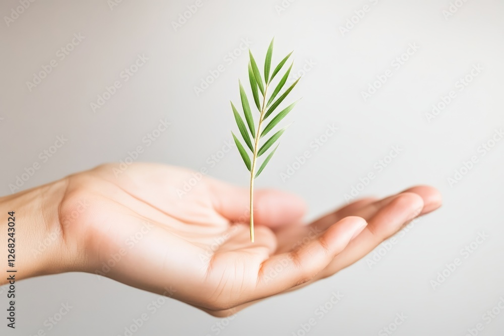 Open human hand holding small green sprout with delicate leaves symbolizing environmental sustainability nature conservation and growth concept Open human hand holding small green sprout with delicate leaves symbolizing environmental sustainability nature conservation and growth concept