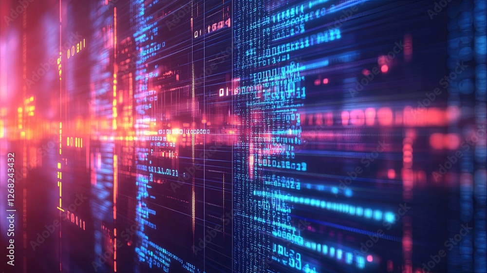 Fototapeta premium Abstract coding concept with glowing lines and symbols, symbolizing innovation and digital transformation.