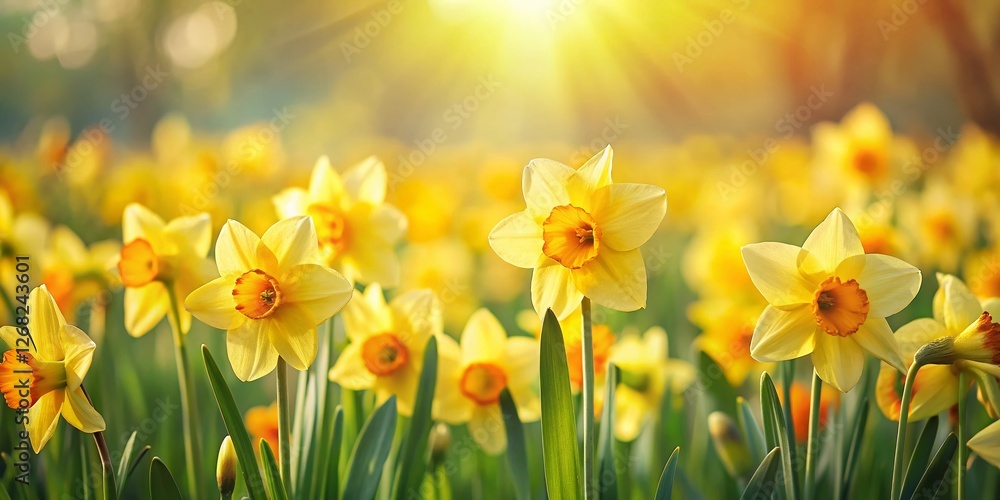 Miniature Yellow Daffodil Field, Spring Bloom, Tilt-Shift Photography Miniature Yellow Daffodil Field, Spring Bloom, Tilt-Shift Photography